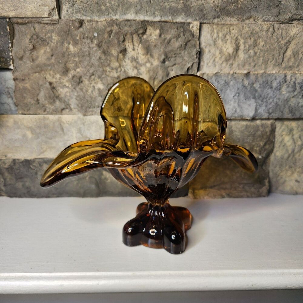 Vintage Amber Glass Pedestal Candy Dish Bowl Mid-Century Retro Cottage Earthy